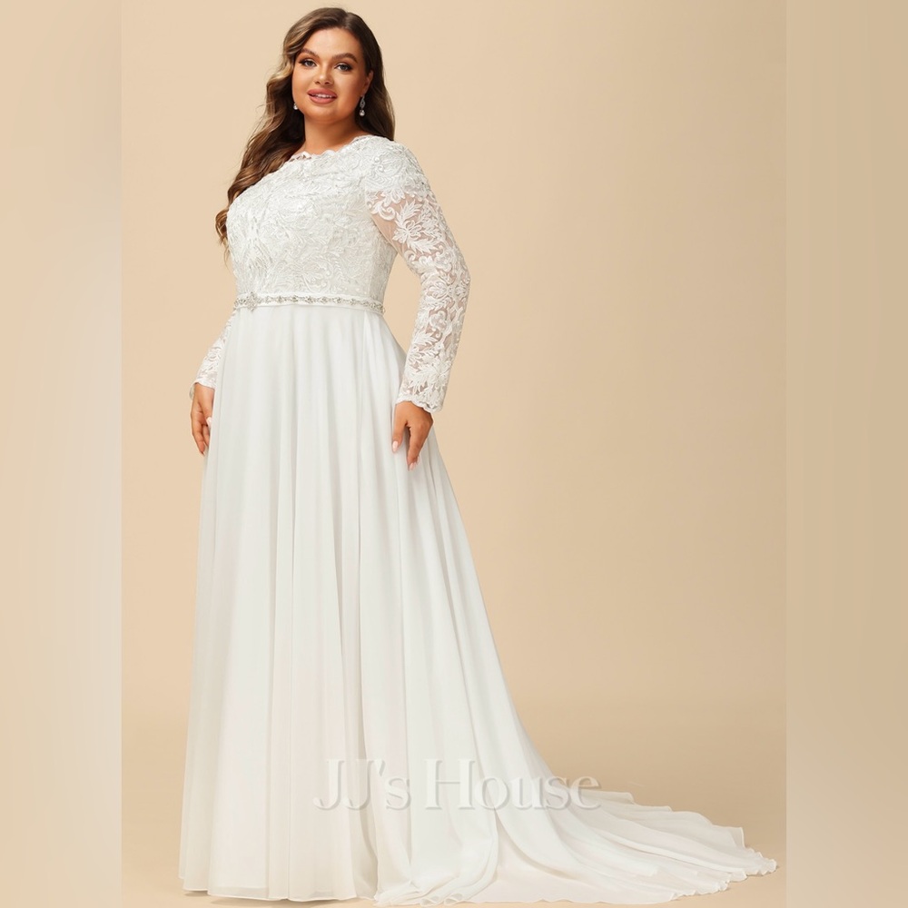 JJ’s House A-line Scoop Court Train Chiffon Lace Wedding Dress with Beading